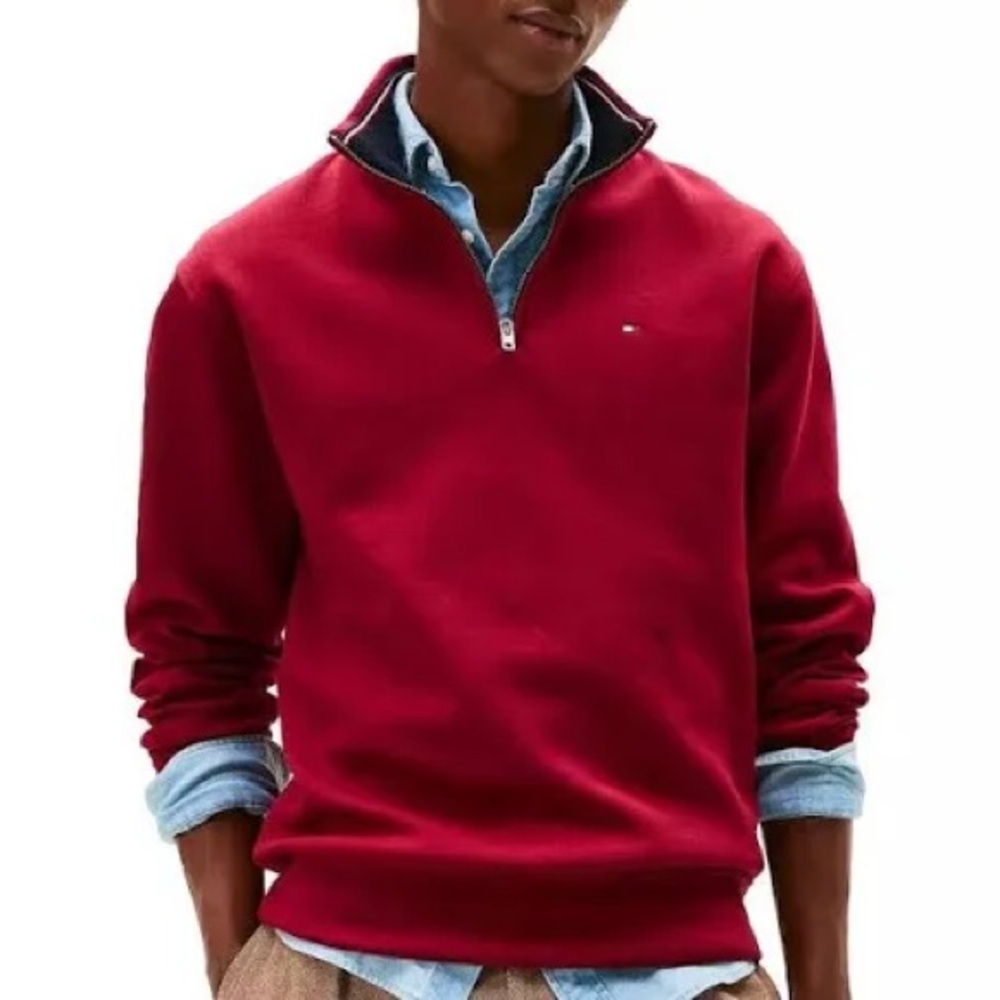 Tommy Hilfiger Bill 1/4 Zip Sweatshirt Men's Red Sweater Pullover Size Medium
